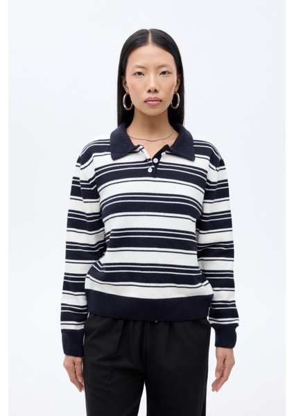 Polo Yaka Çizgili Triko Lacivert