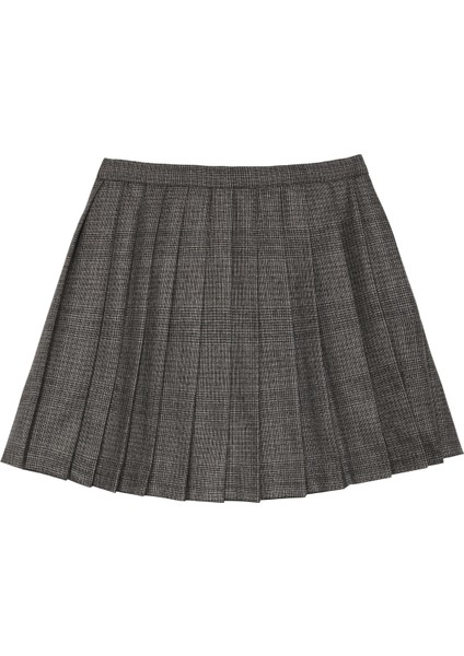 Pile Detaylı Kareli Mini Etek Kahverengi