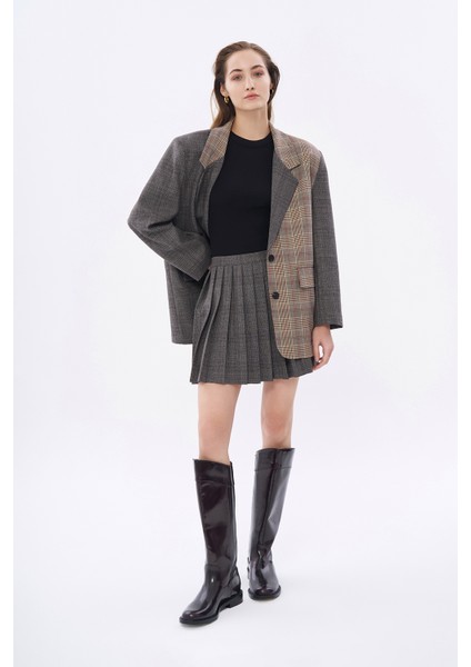 Pile Detaylı Kareli Mini Etek Kahverengi