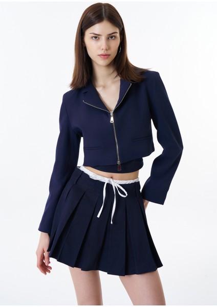 Önden Fermuarlı Crop Blazer Ceket Lacivert