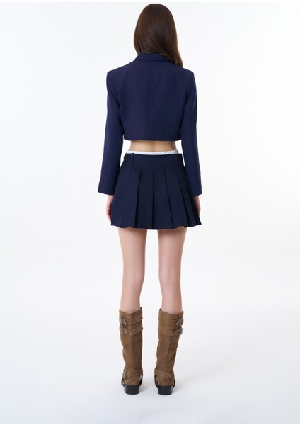 Önden Fermuarlı Crop Blazer Ceket Lacivert