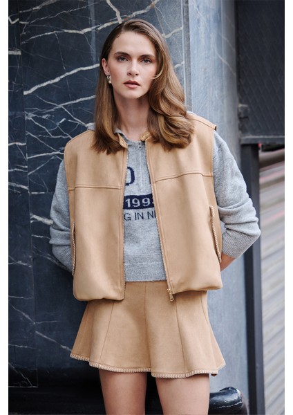 Dikiş Detaylı Beli Lastikli Süet Yelek Bej