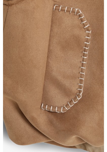 Dikiş Detaylı Beli Lastikli Süet Yelek Bej