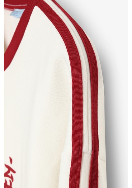 Şeritli Yazı Baskılı V Yaka Oversize Sweatshirt Ekru