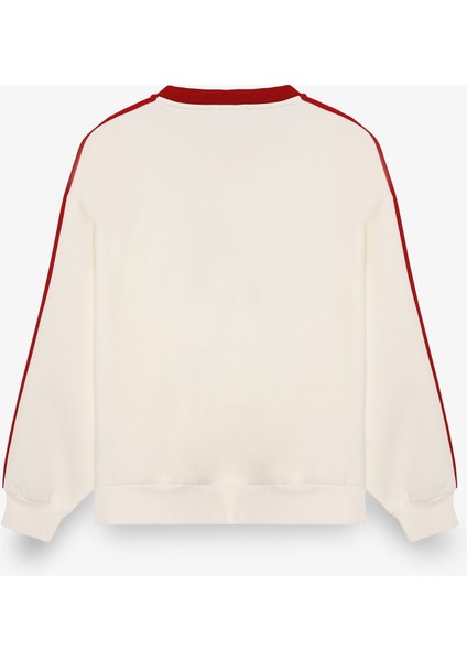 Şeritli Yazı Baskılı V Yaka Oversize Sweatshirt Ekru