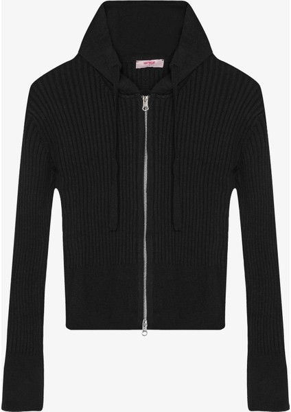 Fermuarlı Kapüşonlu Triko Hırka Siyah modelleri