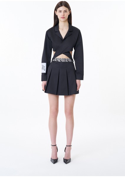 Cut Out Saten Pileli Mini Elbise Siyah