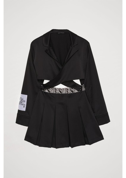 Cut Out Saten Pileli Mini Elbise Siyah