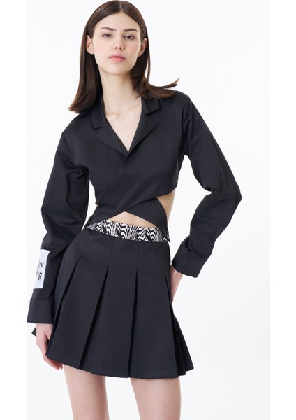 Cut Out Saten Pileli Mini Elbise Siyah