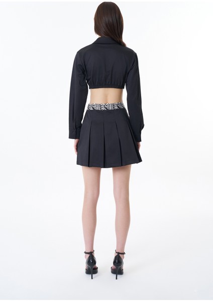 Cut Out Saten Pileli Mini Elbise Siyah