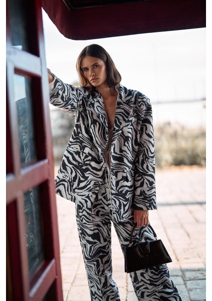 Zebra Desenli Oversize Blazer Ceket Siyah