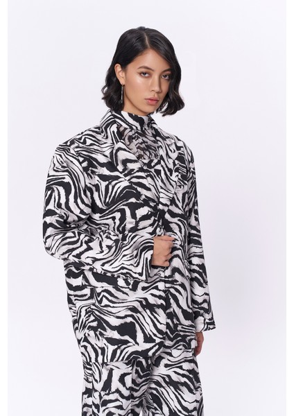 Zebra Desenli Oversize Blazer Ceket Siyah