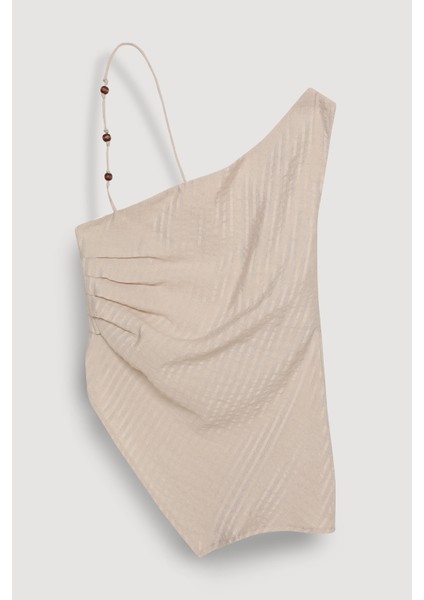 Boncuk Aksesuarlı Tek Omuz Bluz Bej