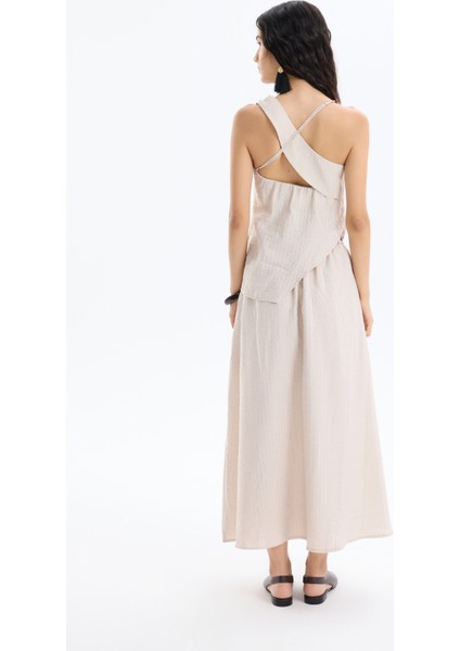 Boncuk Aksesuarlı Tek Omuz Bluz Bej