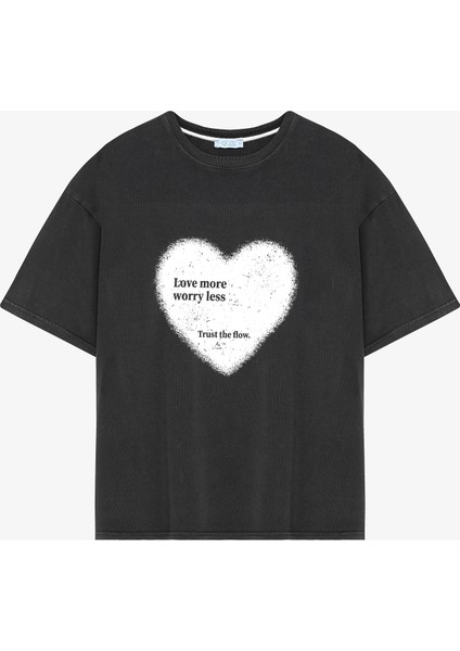 Kalp Baskılı Oversize Tişört Antrasit