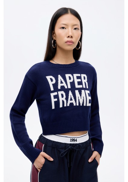 Paper Frame Yazılı Crop Triko Kazak Lacivert fiyatları