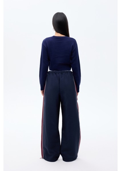 Paper Frame Yazılı Crop Triko Kazak Lacivert