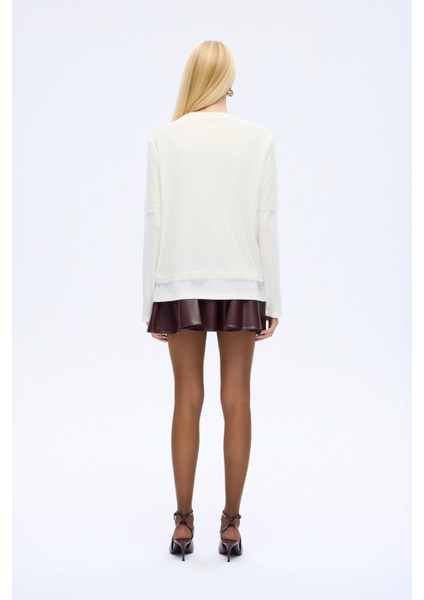 Tül Tişört Garnili Oversize Sweatshirt Ekru