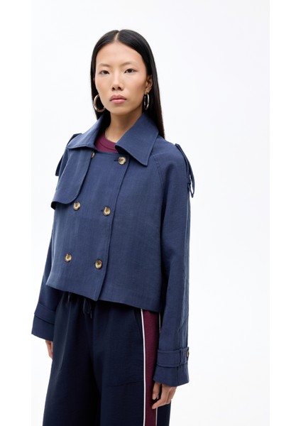 Çift Düğmeli Kruvaze Yaka Kısa Trençkot Lacivert fiyatları