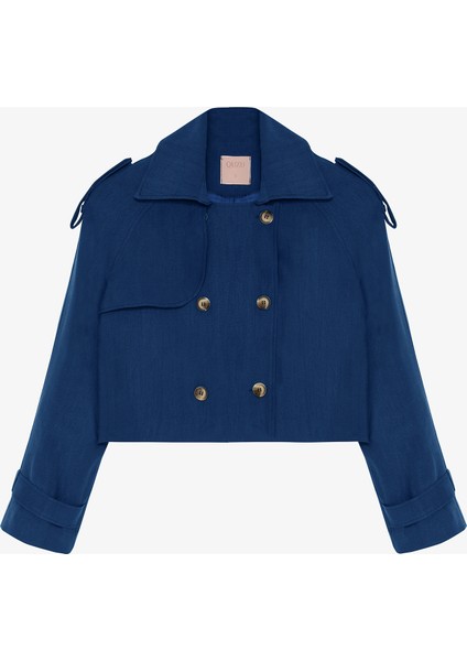 Çift Düğmeli Kruvaze Yaka Kısa Trençkot Lacivert modelleri