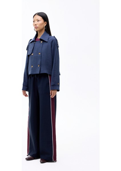 Çift Düğmeli Kruvaze Yaka Kısa Trençkot Lacivert indirimleri