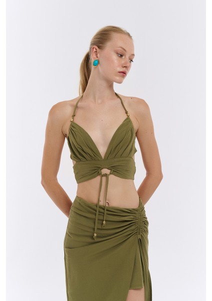 Boyundan Bağlama Detaylı Keten Bluz Haki