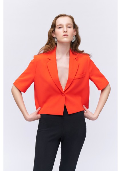 Kısa Kol Crop Blazer Ceket Turuncu
