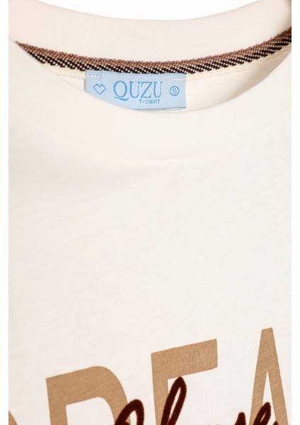 Slogan Baskılı Bisiklet Yaka Tişört Ekru indirimleri