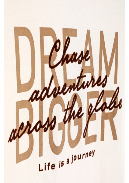 Slogan Baskılı Bisiklet Yaka Tişört Ekru