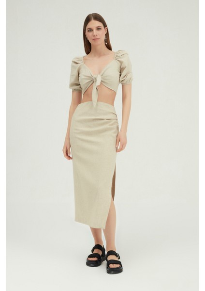 Yırtmaçlı Keten Midi Etek Naturel