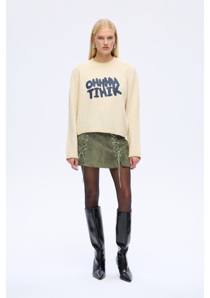 Bisiklet Yaka Yazı Desenli Triko Kazak Ekru indirimleri