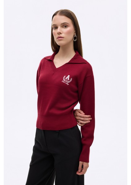 Arma Nakışlı Gömlek Yaka Triko Kazak Bordo fiyatları