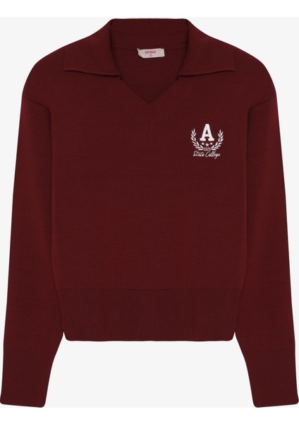 Arma Nakışlı Gömlek Yaka Triko Kazak Bordo modelleri