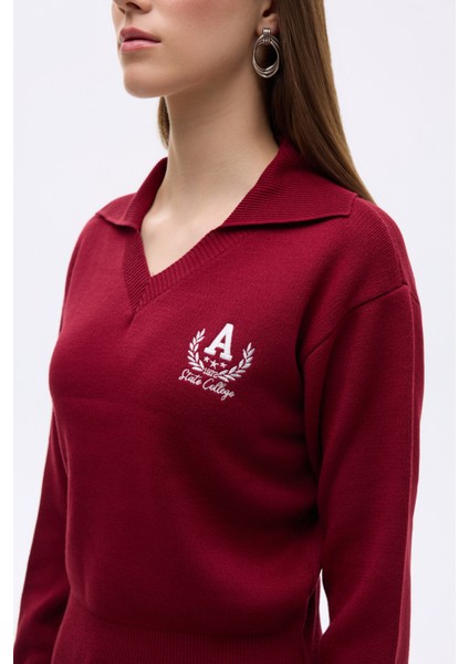 Arma Nakışlı Gömlek Yaka Triko Kazak Bordo fırsatları