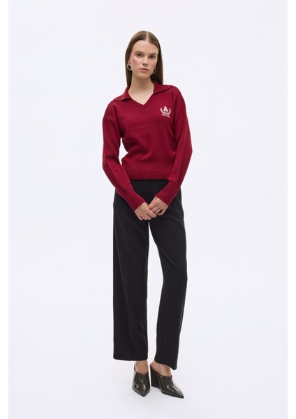 Arma Nakışlı Gömlek Yaka Triko Kazak Bordo indirimleri