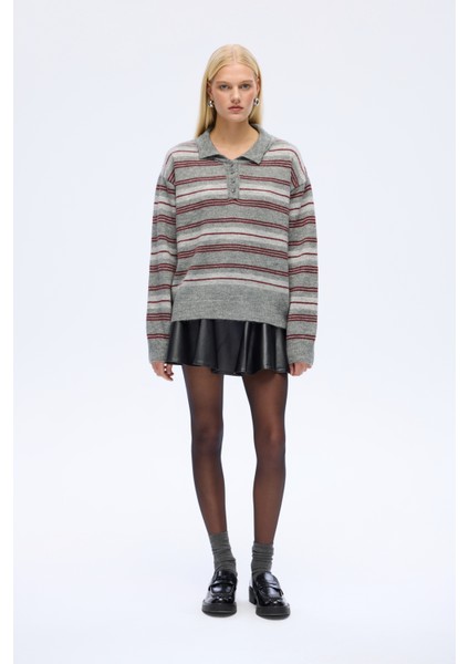 Ribanalı Polo Yaka Çizgili Triko Kazak Gri fırsatları