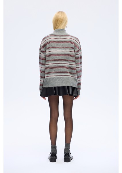 Ribanalı Polo Yaka Çizgili Triko Kazak Gri