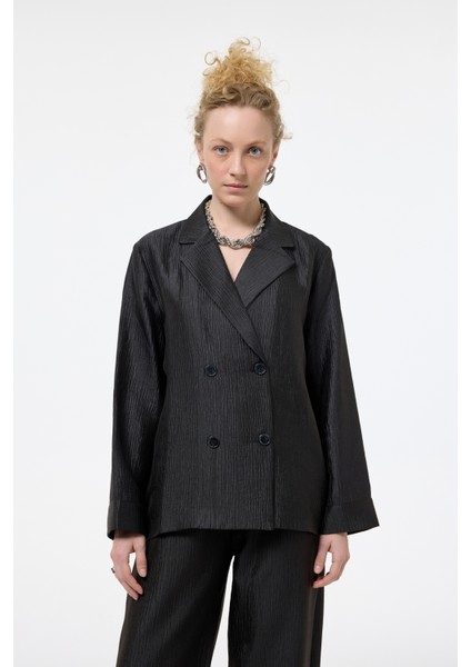 Dokulu Oversize Blazer Ceket Siyah