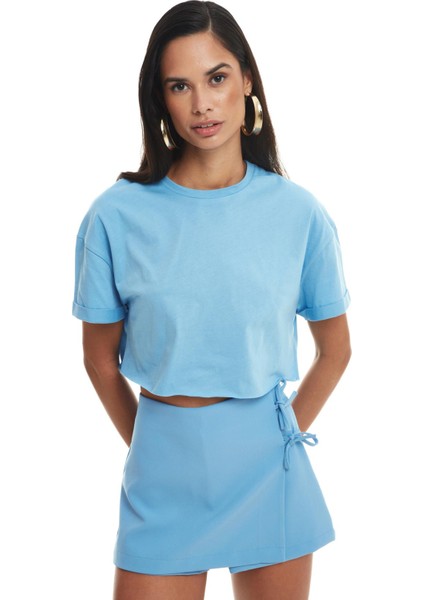 Crop Basic Tişört Mavi