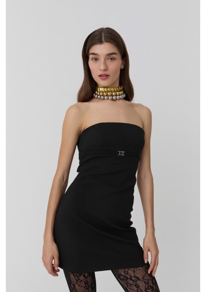 Sırt Dekolteli Straplez Mini Elbise Siyah