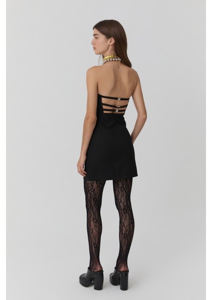 Sırt Dekolteli Straplez Mini Elbise Siyah