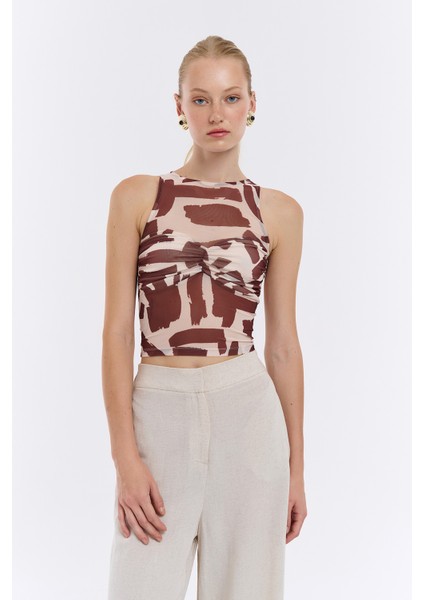 Büzgü Detaylı Crop Tül Bluz Kahverengi