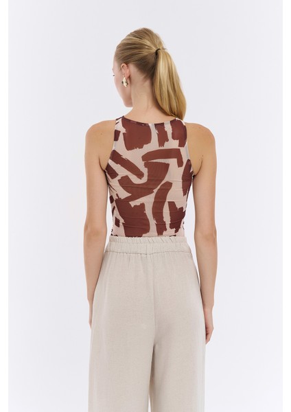 Büzgü Detaylı Crop Tül Bluz Kahverengi