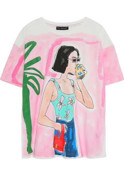 Bisiklet Yaka Renkli Baskılı Tişört Ekru fiyatları