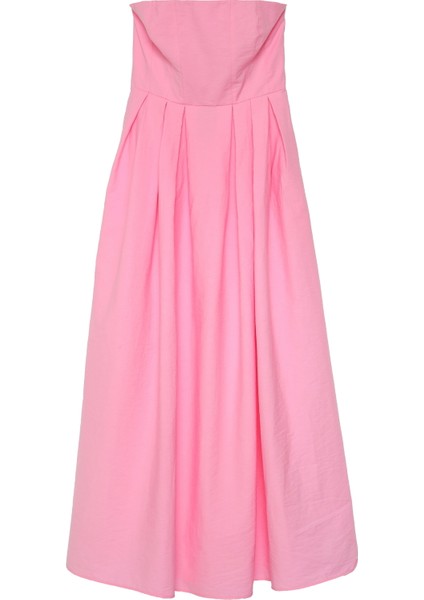 Straplez Pile Detaylı Uzun Elbise Pembe
