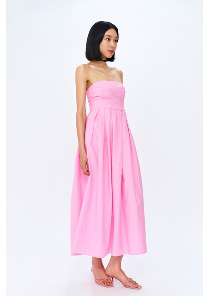 Straplez Pile Detaylı Uzun Elbise Pembe