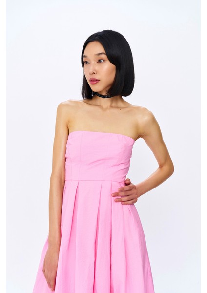 Straplez Pile Detaylı Uzun Elbise Pembe