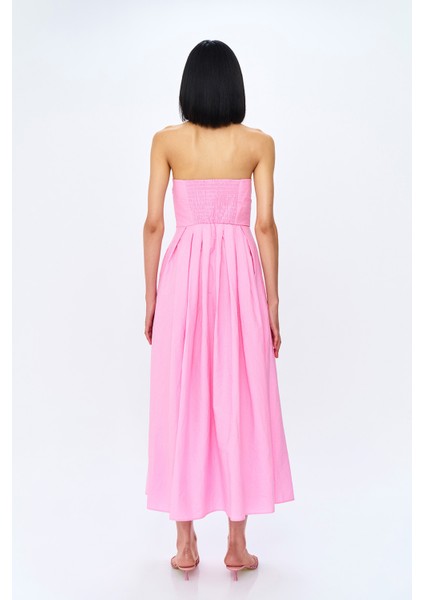 Straplez Pile Detaylı Uzun Elbise Pembe