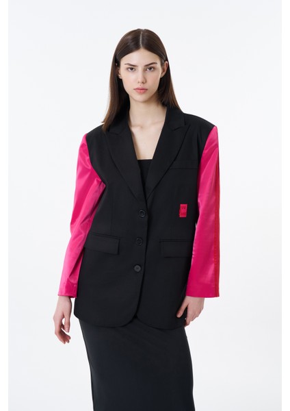 Kolları Saten Şerit Çizgili Blazer Ceket Siyah