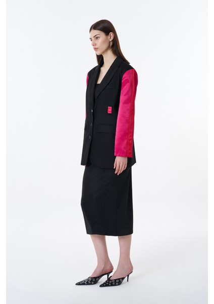 Kolları Saten Şerit Çizgili Blazer Ceket Siyah